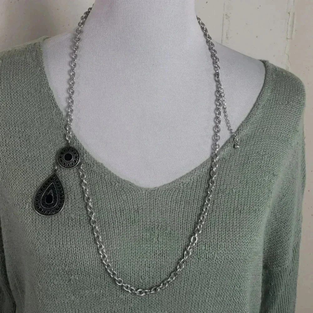 Bijoux Stella Pendant Necklace OS Silver Black Boho Teardrop Long Adjustable 32